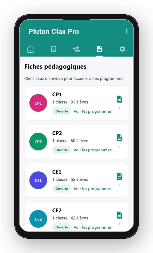 Écran Fiches pédagogiques